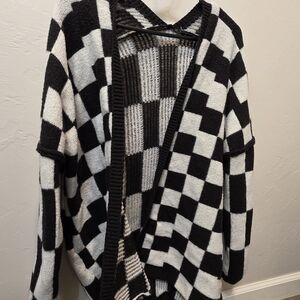 Warm Black and White Checkered Women's Thick Sweater W Inverted Seems On Sleeves